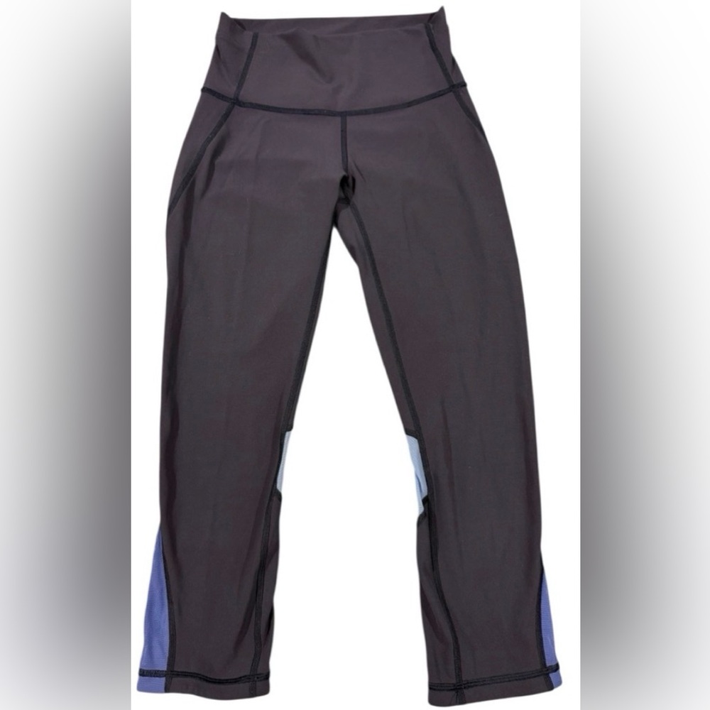 Lululemon Crop Leggings Sz4 Mesh Panel Athletic Yoga Run Blue Black
